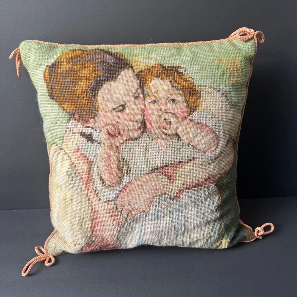 Catherine Diddel Needlepoint Pillow 16x16 Peach Velvet Mother Child Vintage